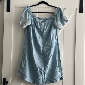 Athleta Light Blue Off-Shoulder Dress with Embroidered Sleeves